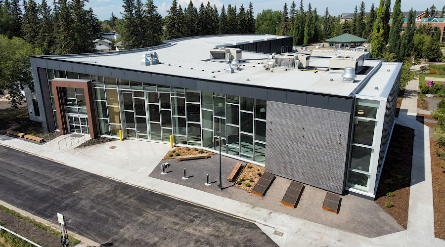 A birds-eye view of the exterior of the Olds College Learning Hub.
