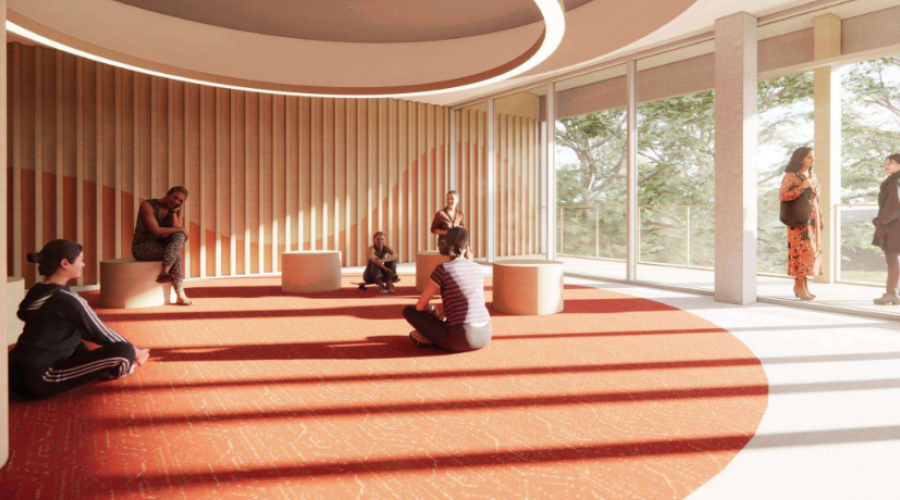 Interior rendering of the new King Thunderbird Centre communal space that may be used for ceremonythat features natural lighting, and is heated with geothermal field installation.