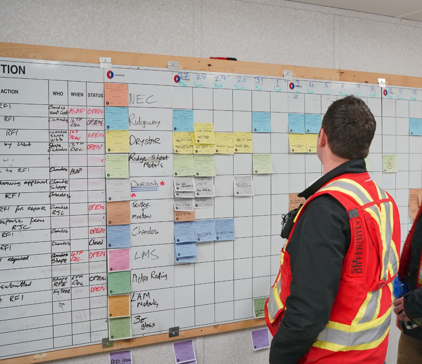 A Chandos construction worker observing a whiteboard with multiple multicoloured sticky notes.