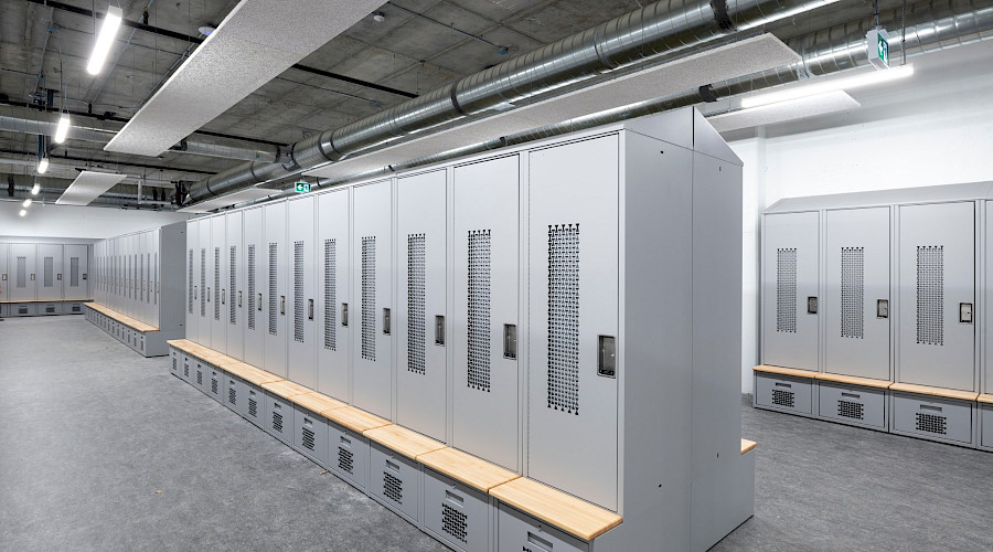 Rows of grey lockers.