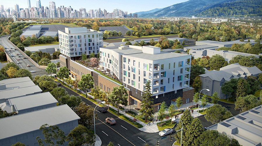 A rendering of an aerial shot of the BC housing with the Vancouver skyline in the background.