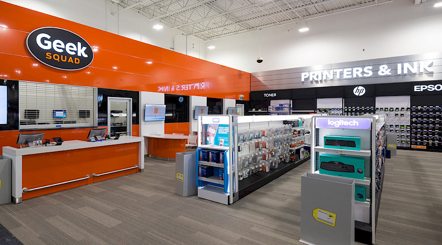 Interior image of a renovated Best Buy, construction completed by Chandos Construction - image highlights the Geek Squad centre