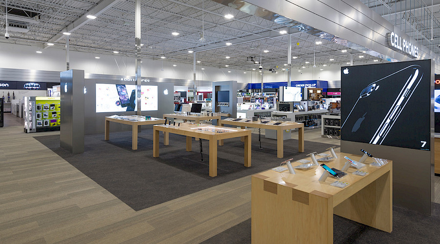 Interior image of a renovated Best Buy, construction completed by Chandos Construction - image highlights Apple products