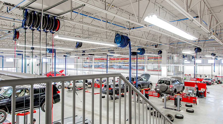 Rows of cars lifted from the ground, being worked on in an autoshop.