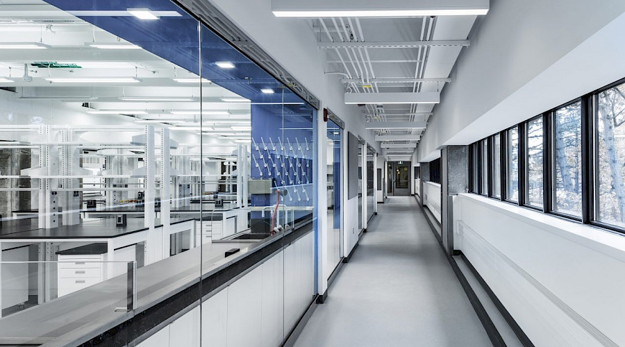 A sleek grey hallway in the Life Sciences Research laboratory with windows showcasing laboratory equipment.