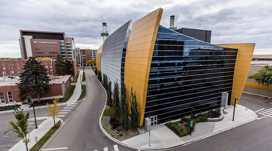 Exterior drone shot of the U of A cooling plant built by Chandos Construction Edmonton