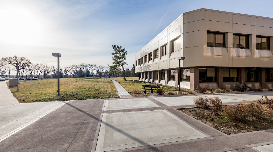 Pavement and bushes in front of the LRC Annex Block beside a large field of grass and trees.