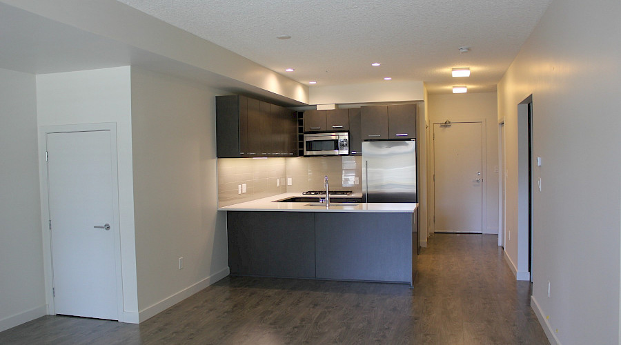 A photo of a kitchen in an apartment with dark wood flooring and matching cupboards.