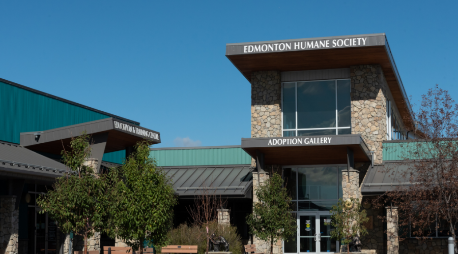 The front entrance to the Edmonton Humane Society on a clear day.