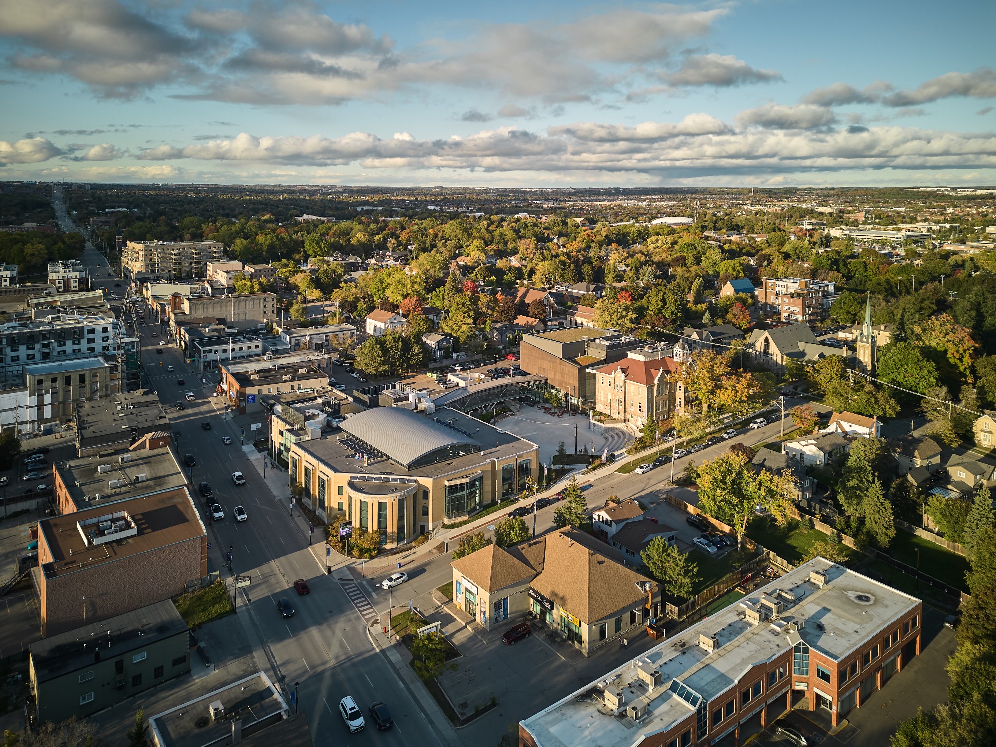 Drone image of the newly renovated Aurora Town Square built by Chandos Construction Toronto.