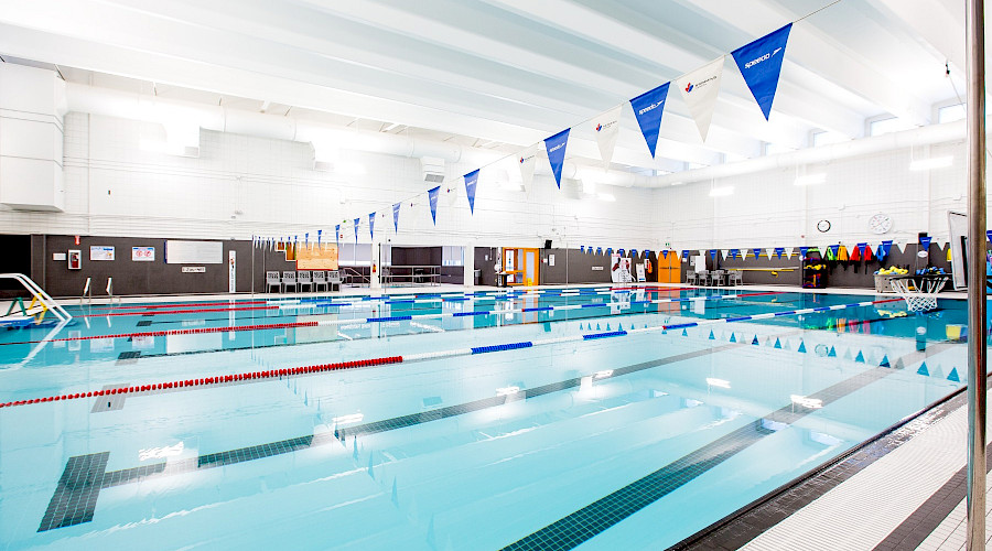 Lanes in a bright blue pool underneath blue and white backstroke flags.