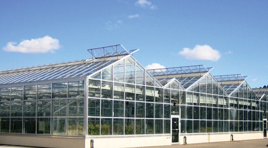 The Brooks Greenhouses with a clear blue sky in the background.
