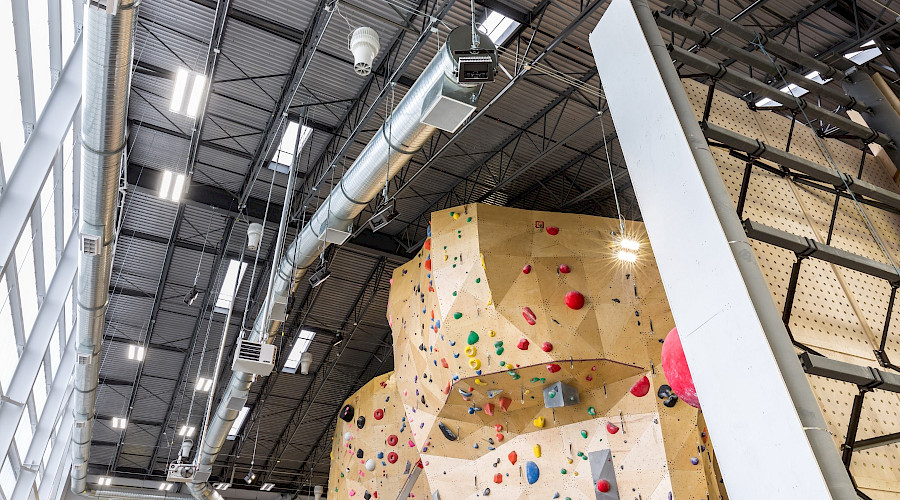 A shot from below of a large multi-coloured climbing wall.