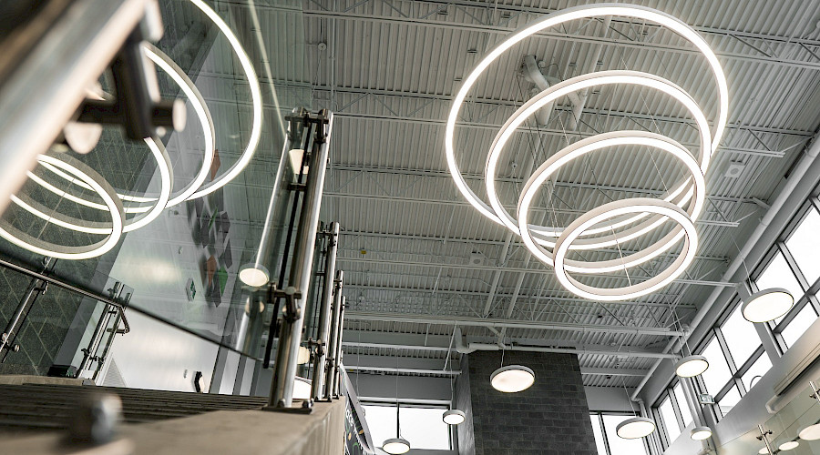 A photo of the ceiling in Davidson Creek school, showcasing it's stand-out lighting features.