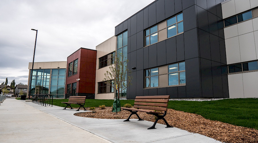 An exterior shot of Davidson Creek school on a cloudy day.