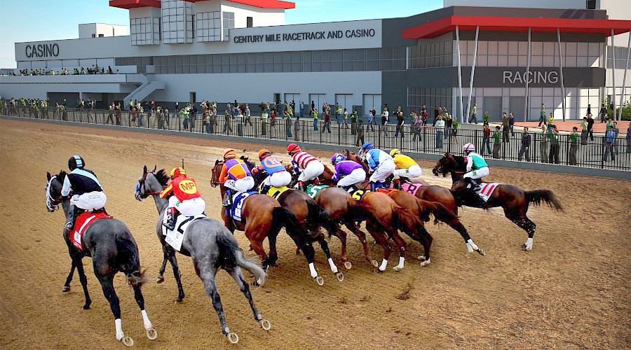 A rendering of a crowd watching horses lined up, racing on the race tracks of the Century Mile Racetrack.