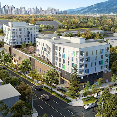 A rendering of the British Columbia Integrated Health-Housing Facility with the Vancouver skyline in the background.