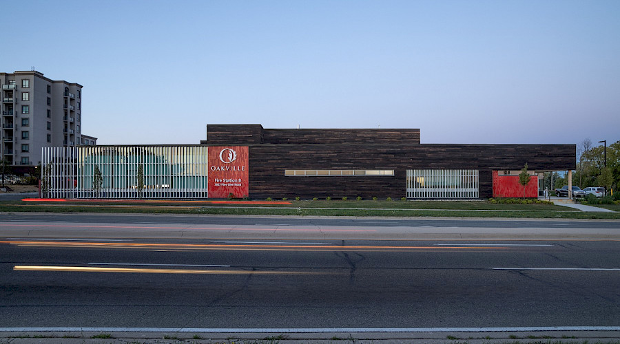 The exterior of the Oakville Fire Station behind a large road.