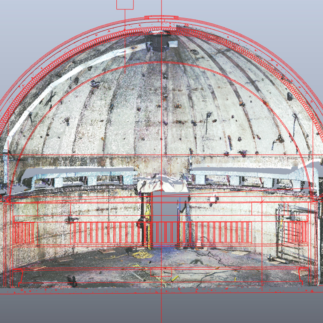 Using technology, shown in red overtop of the original picture, to analyze a design under construction.