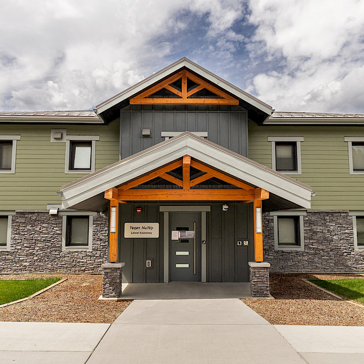 The main entrance to one of the new student housing buildings at the College of the Rockies in Cranbrook, British Columbia.