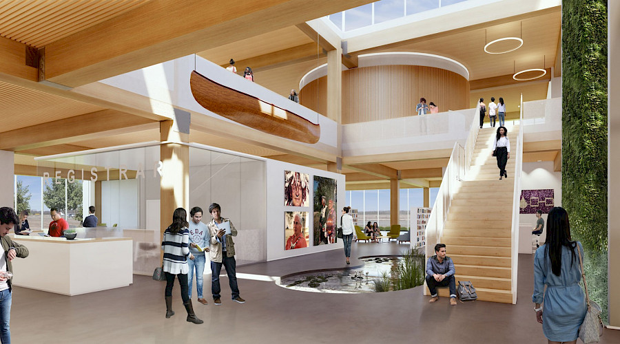 A rendering of people working in, talking in, and enjoying the First Nations Technical Institute.