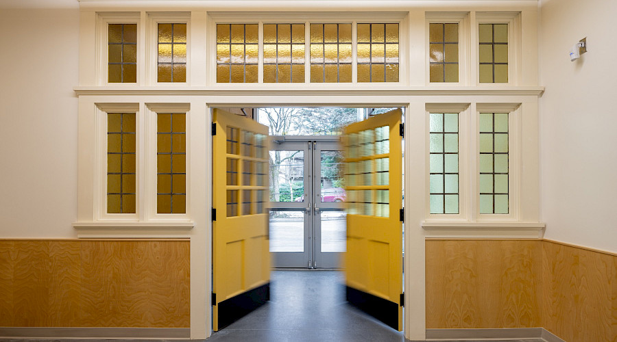 Doors swinging open in a hallway in Bayview Elementary.