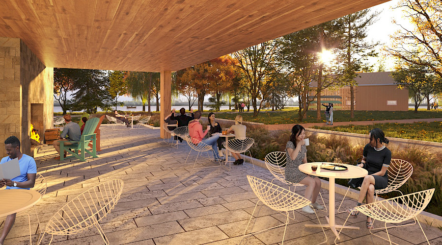 A rendering of people sitting outside the Canadian Canoe Museum on a patio.