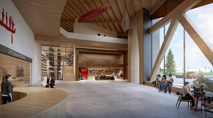 A rendering of people walking around and sitting inside the Canadian Canoe Museum.