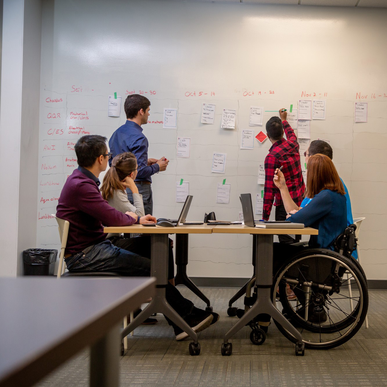 Four Chandos office workers at a desk, listening to two other workers and they write notes on a whiteboard.