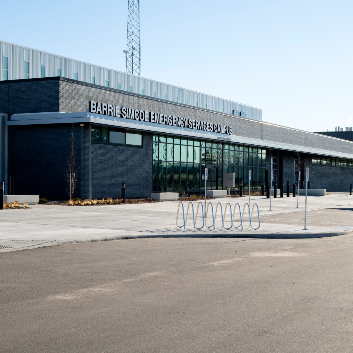 A photo of the exterior of the Barrie Simcoe Emergency Services building in Barrie, Ontario.