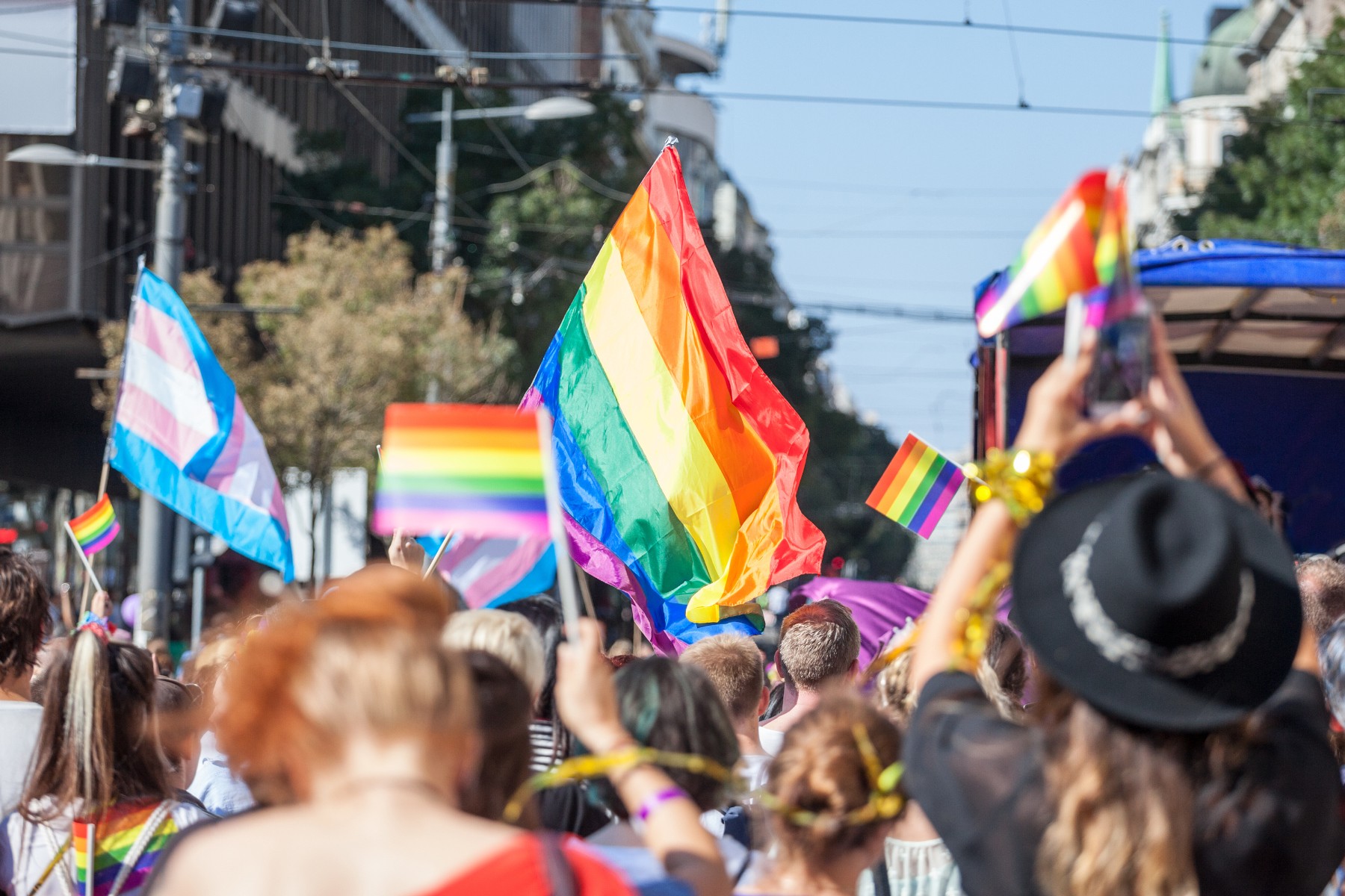 Rainbow flags being waved in a crowd of marching people.