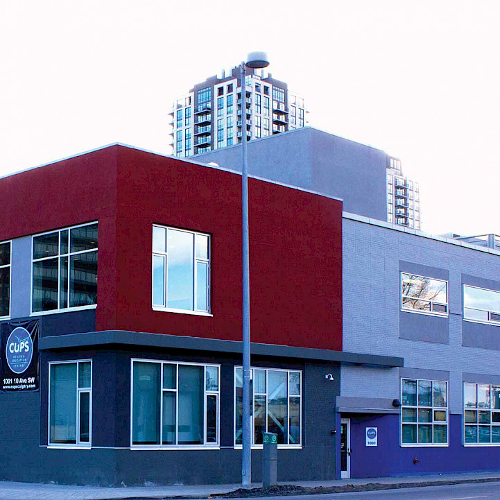 An image of the CUPS building in Calgary Alberta. This non profit provides counselling, medical, educated, and child services to their clients