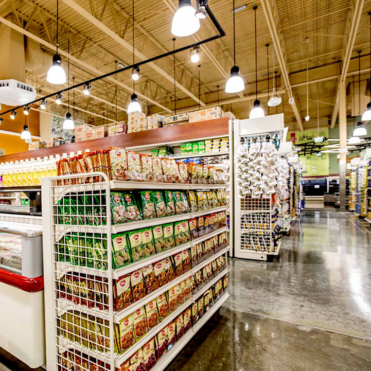 One of the locations for a Seafood City. Showing shelves and displays filled with products.