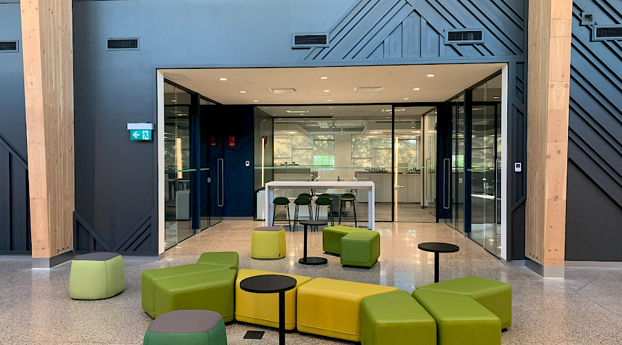 A photo of a seating area with bright green furniture in a common room with sleek black walls.