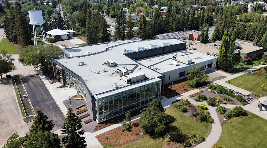 A birds-eye view of the exterior of the Olds College Learning Hub.