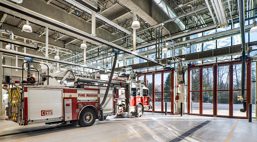 Interior shot of the new Maplewood Fire and Rescue Centre of the apparatus bay, built by Chandos Construction Vancouver