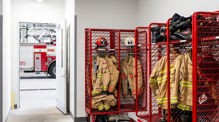 Interior shot of the new Maplewood Fire and Rescue Centre of the locker room, built by Chandos Construction Vancouver