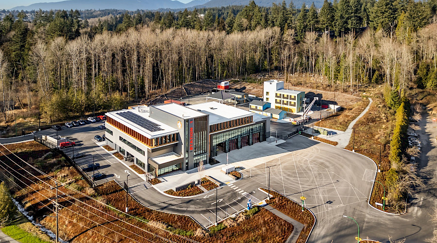Drone image of the new Maplewood Fire and Rescue Centre along with the training tower, built by Chandos Construction Vancouver