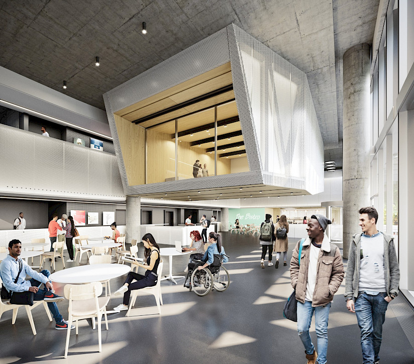 A rendering of a diverse group of people walking, sitting, and talking to each other in a building.