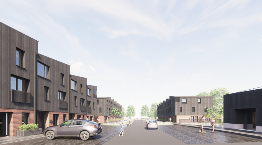 Rendering image of the completed Regent Park three block affordable housing neighbourhood, built by Chandos. Townhouses on either side of a newly paved street, people walking in the community gathering space in the middle.