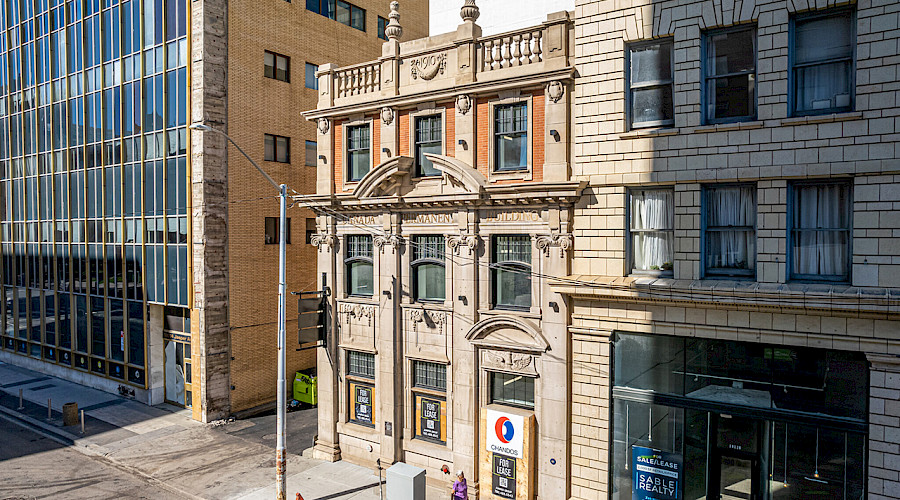 Exterior image the completed construction work of the Chandos Construction team on the Canada Permanent Building restoration in the heart of downtown Edmonton, Alberta.