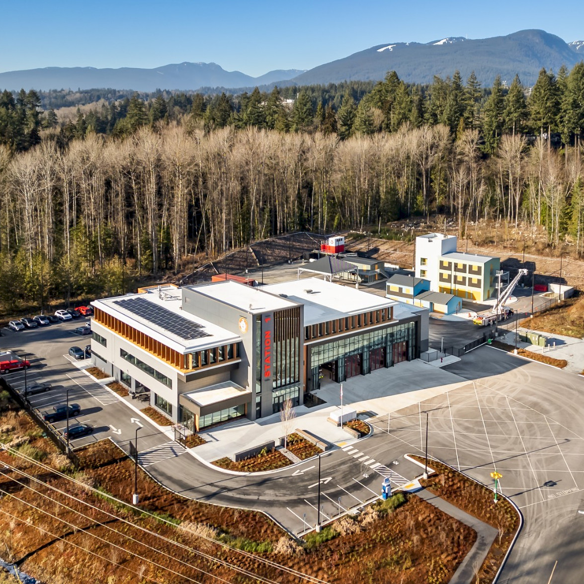 Drone image of the new Maplewood Fire and Rescue Centre, built by Chandos Construction Vancouver