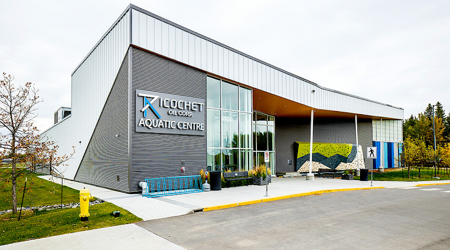 Exterior image of the  Ricochet Oil Corp Aquatic Centre built by Chandos Construciton