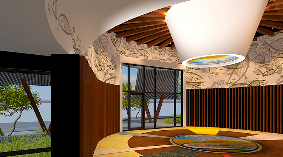Interior rendering image of the OKIB Cultural Immersion School built by Chandos Construction, featuring a mixed-use space for gathering and traditional ceremony