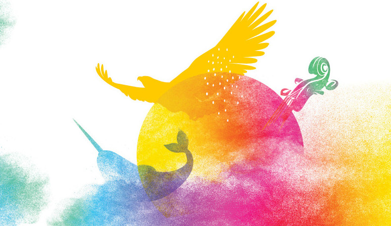 Graphic art design of an eagle, moon, clouds, and a narwhal on a blank image in tie-dye style colours (bright and vivid blues, purples, yellows, and pinks in a gradient). Sourced from the government of Canada's website.