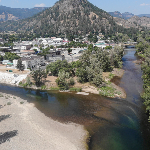 Drone image of the flood mitigation project in Grand Forks, BC, built by the Chandos Construction team